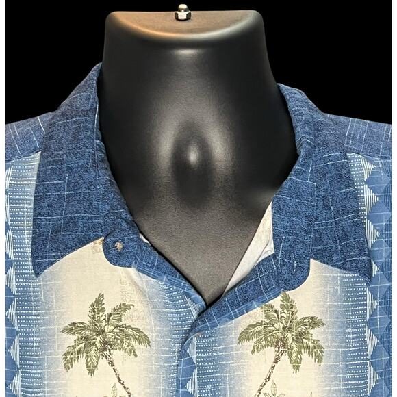 Island Shores Palm Tree Hawaiian Shirt XL Blue Rayon Tropical Aloha Vacation - Picture 5 of 11